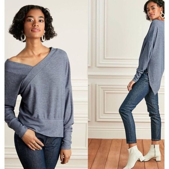 Stella & Dot Asymmetrical Ribbed Double V Sweater NWT Chambray Blue Grey Small - Picture 1 of 12